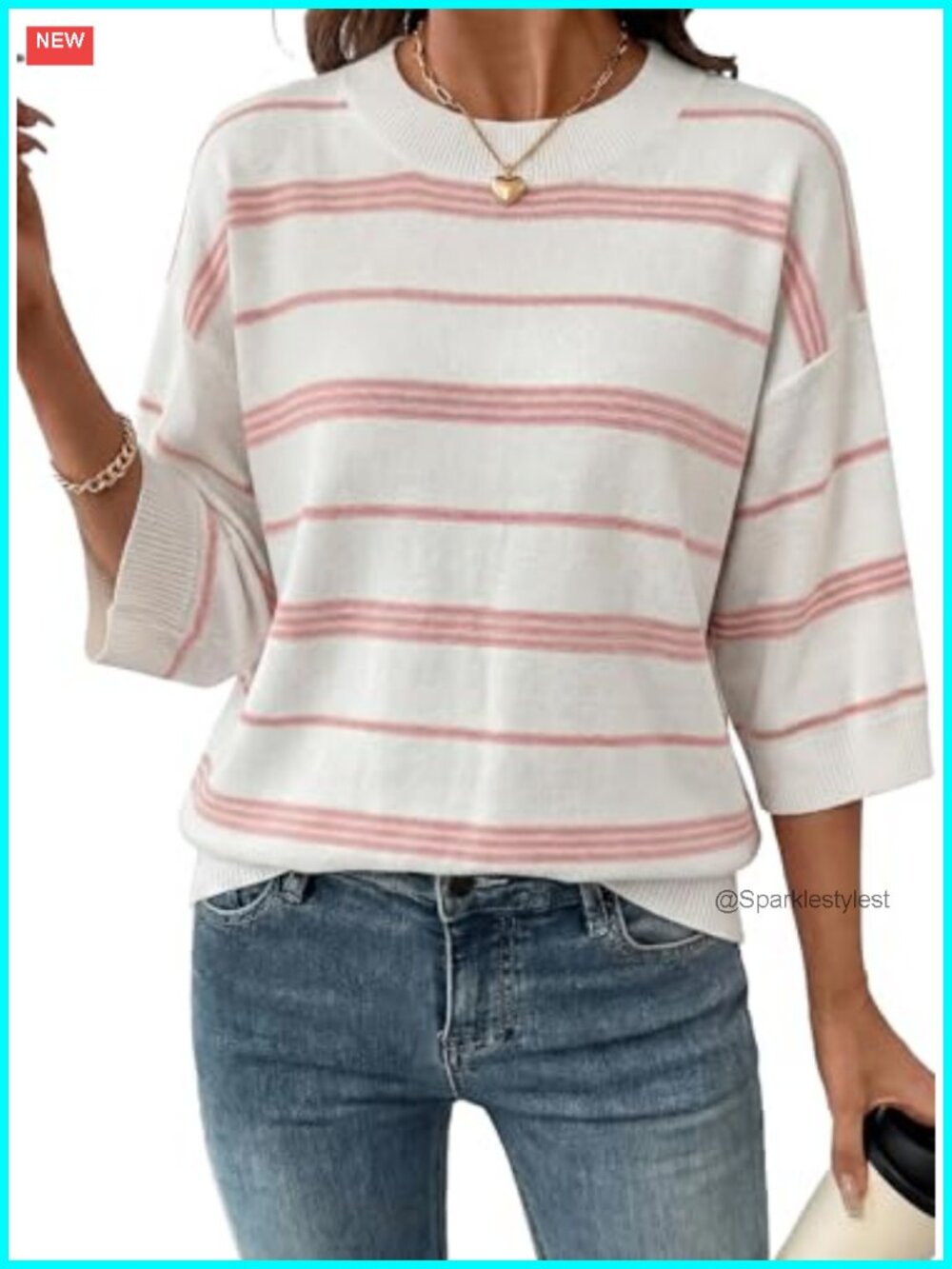 Oversized 3/4 Sleeve Striped Lightweight Knit Pullover Sweater